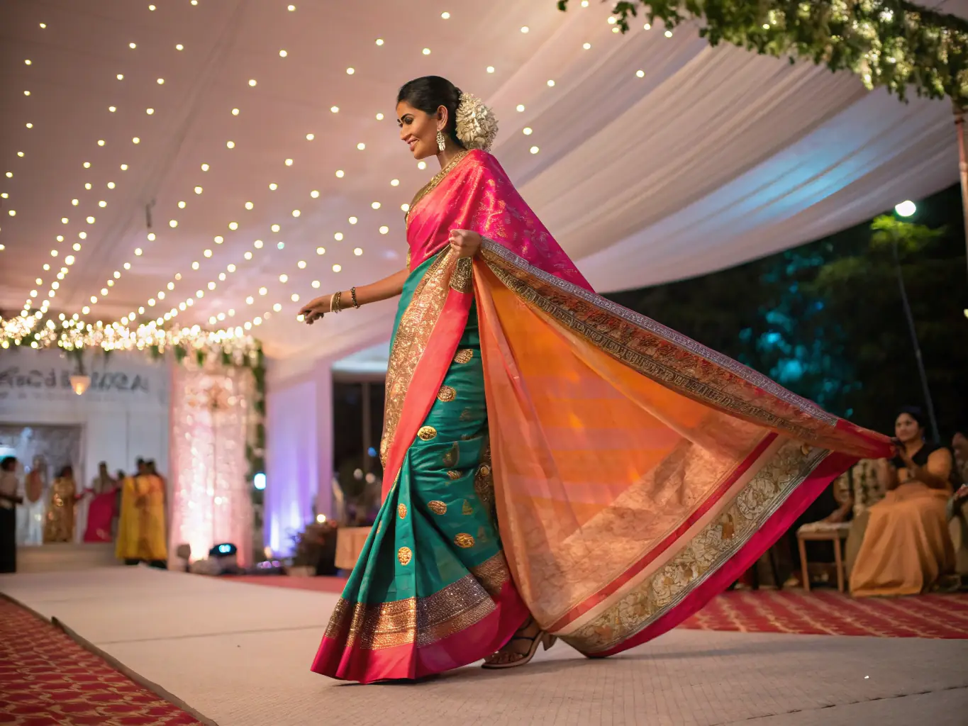 A customer smiling while trying on a lehenga in the Ghoonghat Saree House store, highlighting the personalized service and customer satisfaction.