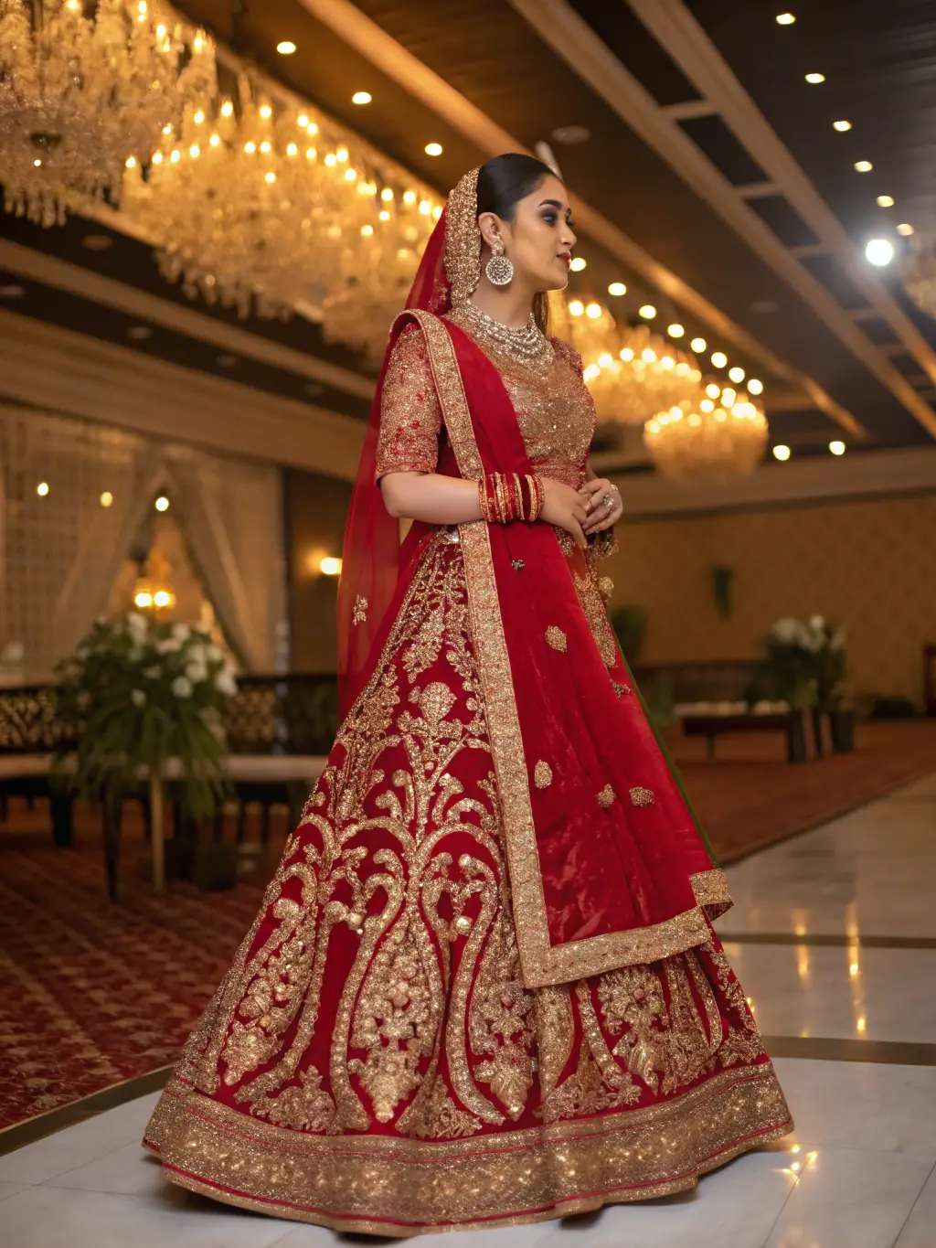 A royal green lehenga with intricate embroidery showcased in a festive setting.