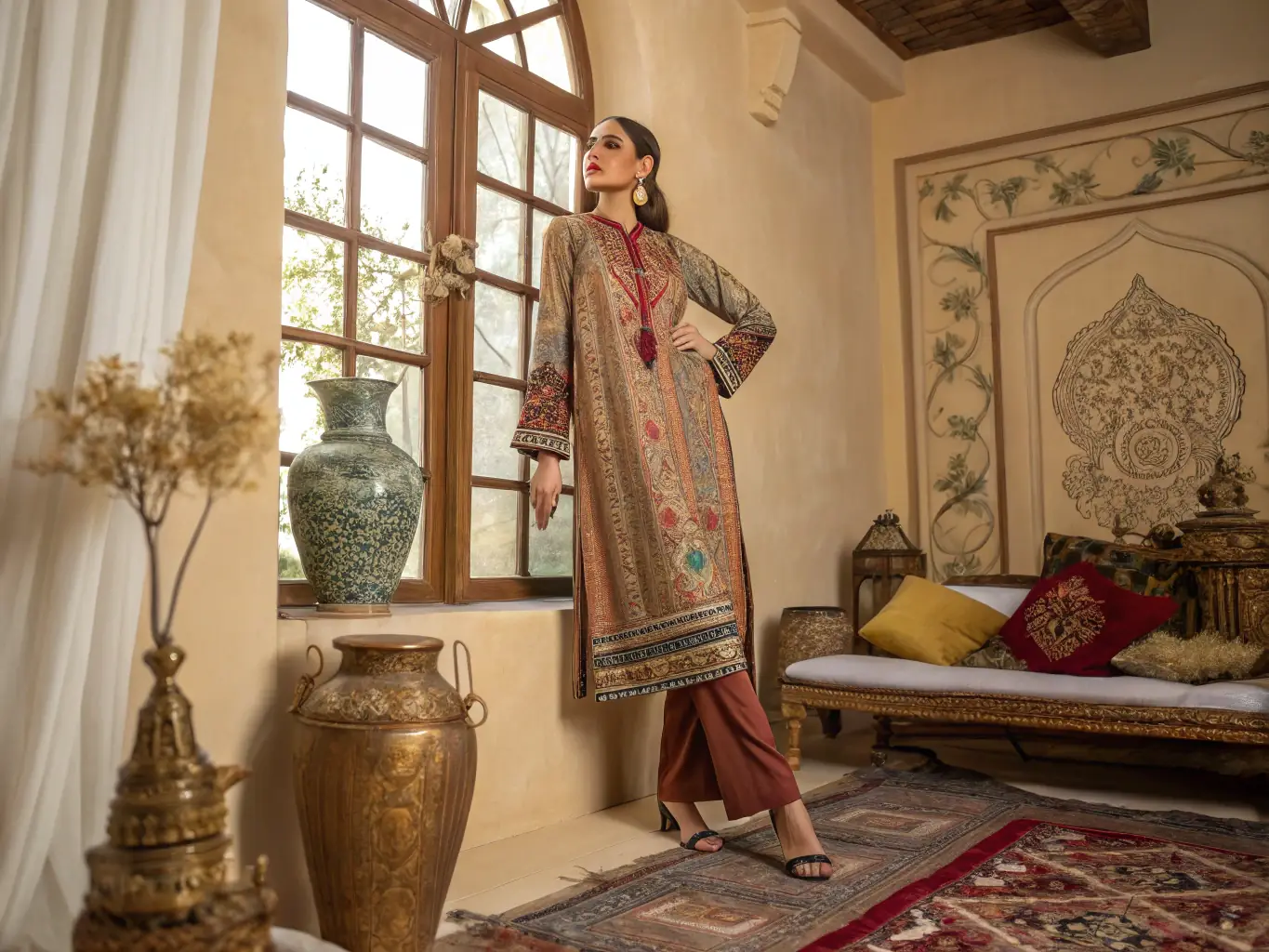 A modern woman wearing a Ghoonghat Saree House kurti in a contemporary setting, showcasing the blend of tradition and modern fashion.