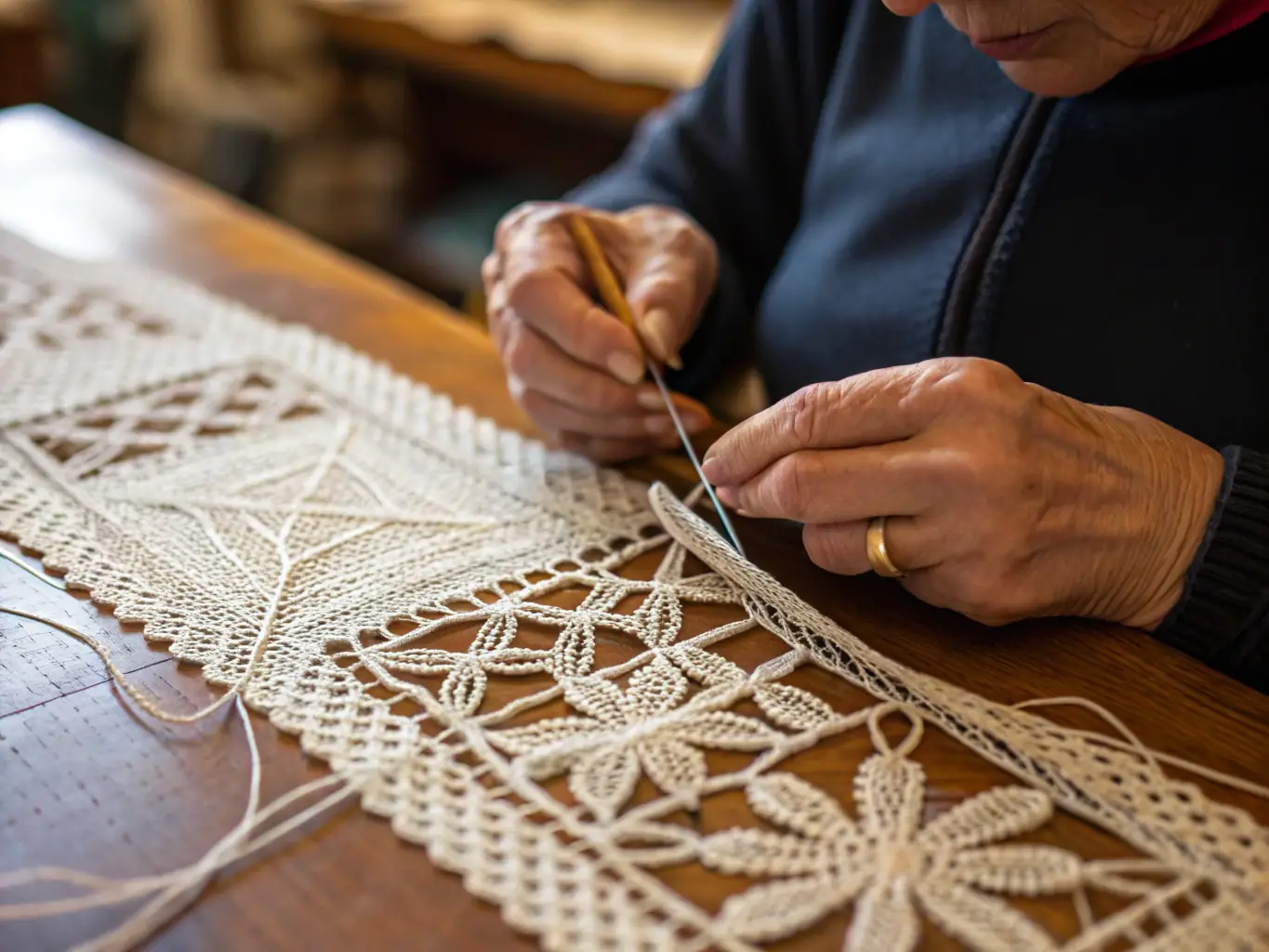 A close-up shot of a skilled artisan hand-embroidering a saree with intricate gold thread, showcasing the dedication to craftsmanship at Ghoonghat Saree House.